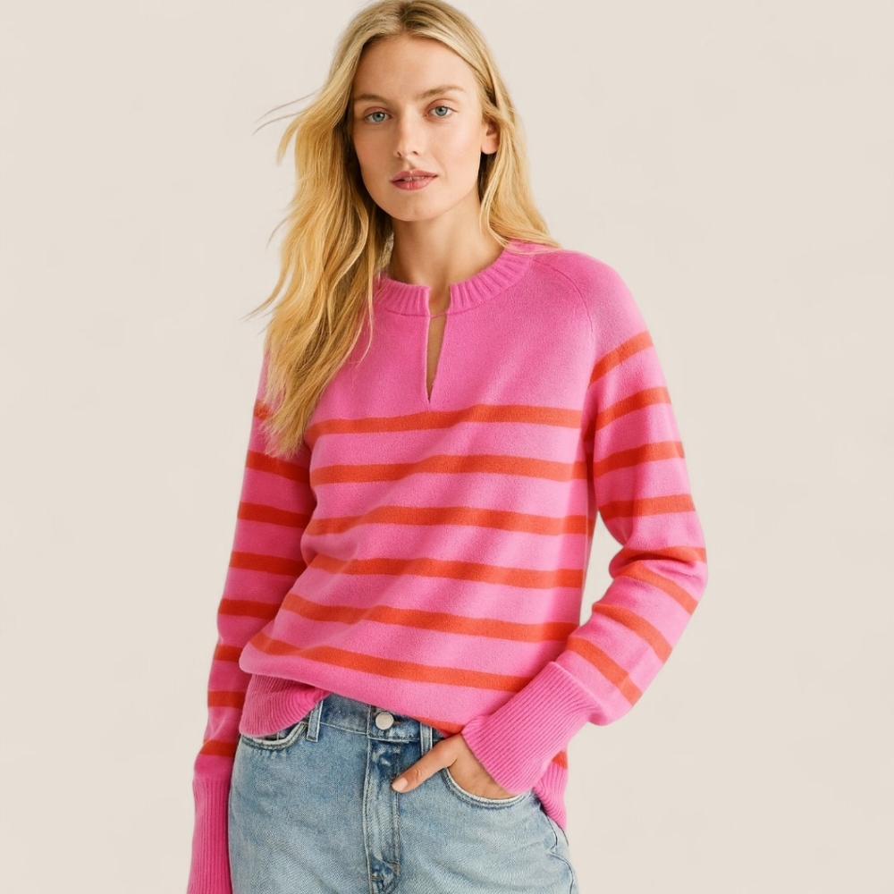 J. Crew Cashmere Bright Pink Striped Split Neck Sweater Sz S | Dopamine Dressing